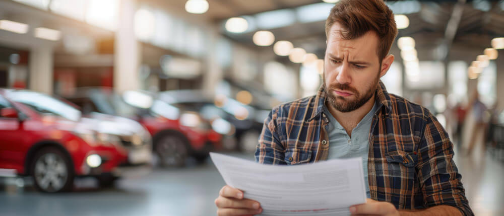 Ein Mann im Autohaus wirkt besorgt, während er einen automatisch gespeicherten Entwurf liest; hinter ihm stehen Autos und grelle Lichter
