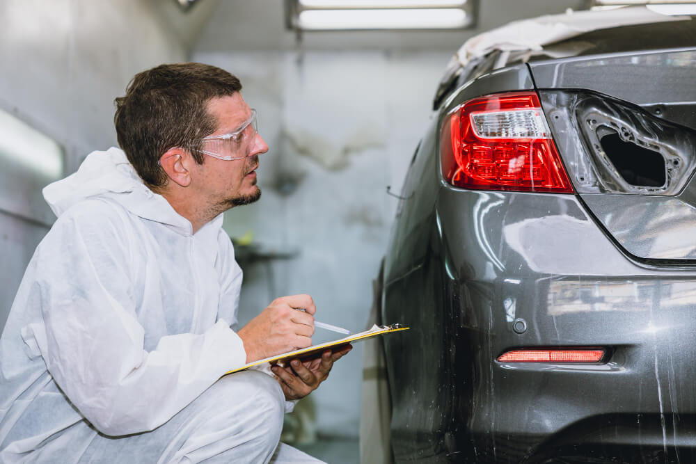 Ein Mann in Schutzanzug und Schutzbrille untersucht in einer Werkstatt ein beschädigtes Auto, um einen automatisch gespeicherten Entwurf zu überprüfen